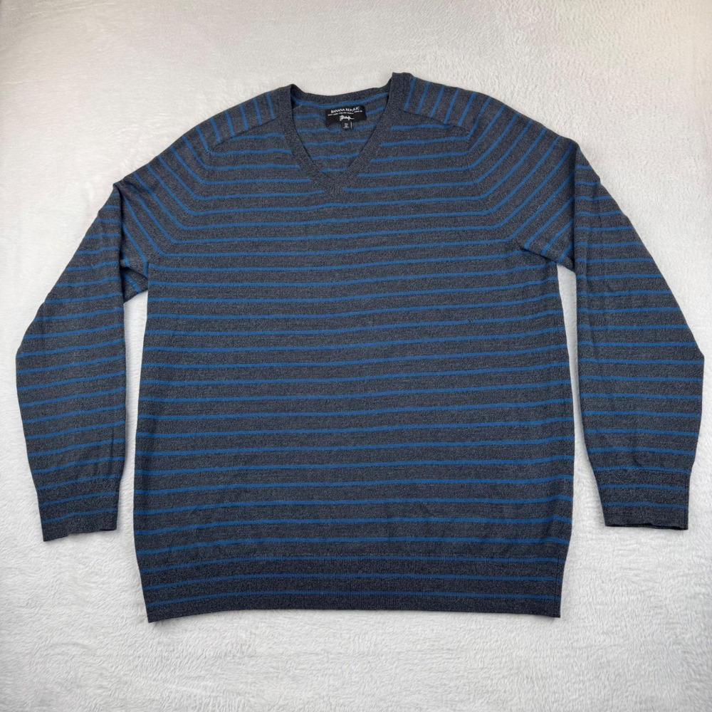 Banana Republic V-Neck Sweater Men XL Tall Gray Blue Striped Merino Wool Baruffa